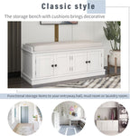 SOFTSEA 42.7" Shoe Bench with Padded Seat Cushion, 2-Tier Entryway Bench with 4 White Doors and Adjustable Shelves, Shoe Cabinet for Entryway, Bedroom, Living Room, White
