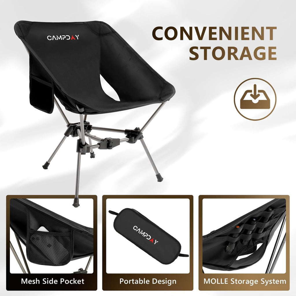 Camping Chair Backpacking Portable Hiking Ultralight Small Lightweight Folding Chair for Outdoor Camp Beach Picnic Concert, Supports 330lbs (Black,1PCS)