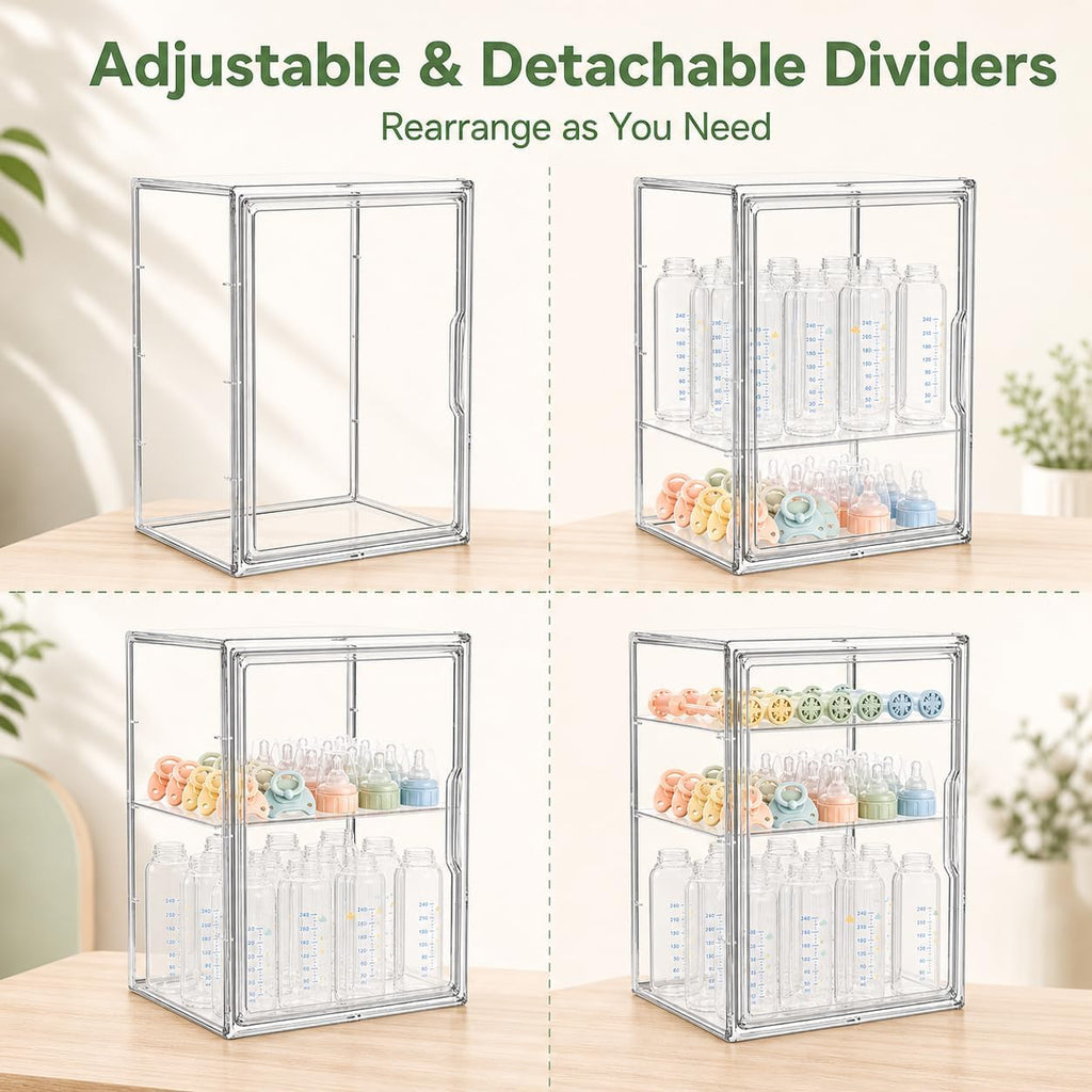 Baby Bottle Storage Organizer for Countertop, Large Clear Bottle Organizer, Baby Bottle Storage Organizer for Bottles, Nipples, Pump Parts, Cabinet, Kitchen Pantry
