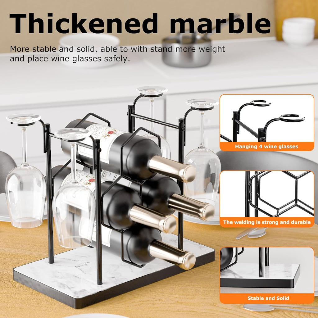 Countertop Wine Rack,Freestanding Modern Metal Small Wine Rack for 4 Wine Bottles and 4 Glasses,3 Tier Tabletop Wine Holder Stand for Cabinet, Pantry, Wine Bottle Storage