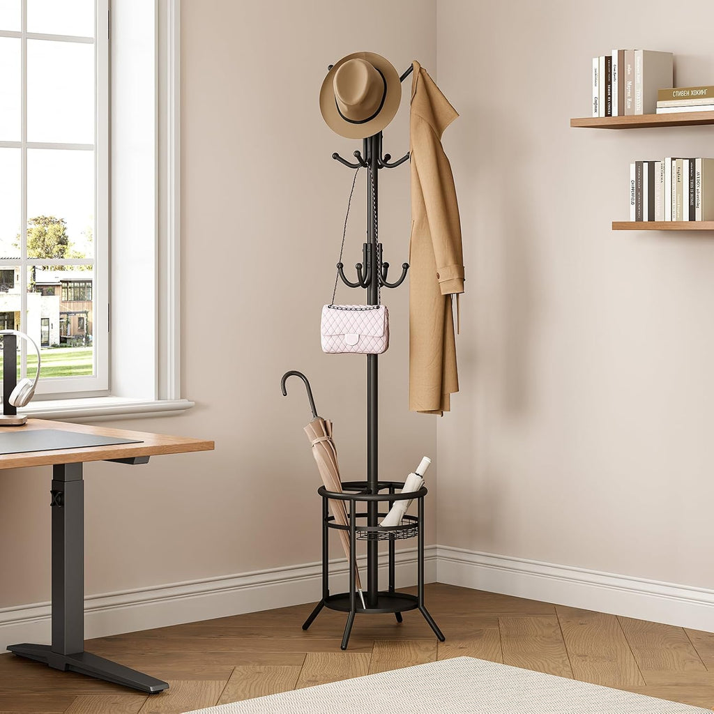 ELYKEN Coat Rack Freestanding, Metal Coat Rack with Umbrella Holder | 12 Hooks, Round Base, Heavy Duty Floor Standing Coat Tree for Entryway, Hallway, Living Room, Bedroom, Office, Black