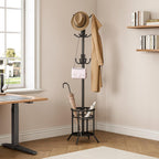 ELYKEN Coat Rack Freestanding, Metal Coat Rack with Umbrella Holder | 12 Hooks, Round Base, Heavy Duty Floor Standing Coat Tree for Entryway, Hallway, Living Room, Bedroom, Office, Black