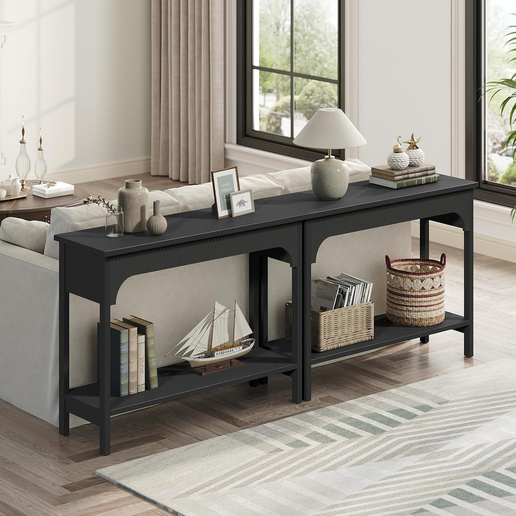 MAHANCRIS Fluted Console Table for Entryway, 43.2" Narrow Console Table with Storage, 2 Tier Industrial Sofa Table for Entryway, for Living Room, Behind Couch, Narrow Hallway, Entry, Black CTBK38001
