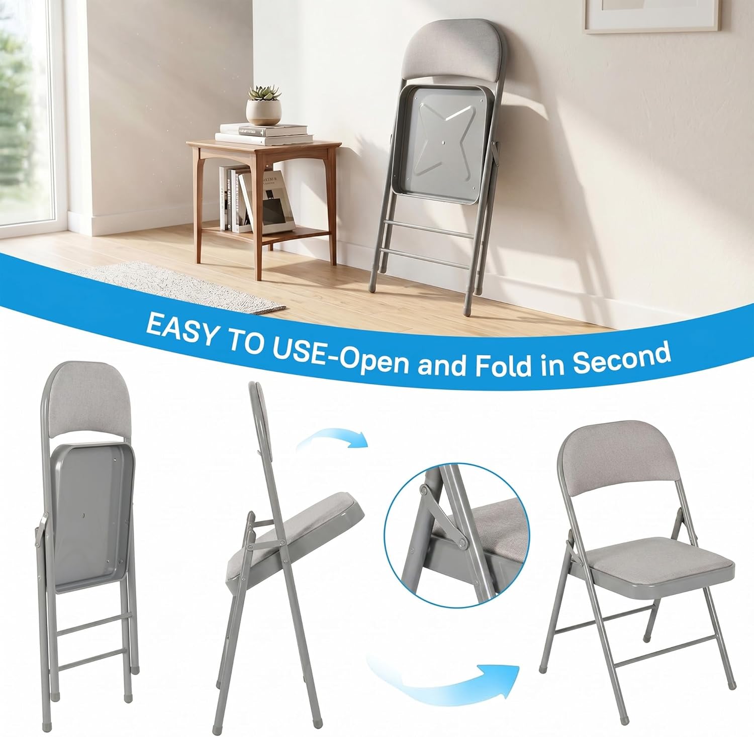 Folding Chairs 10 Pack, Fabric Padded Seat & Back with Heavy Duty Metal Frame, Portable Indoor Outdoor Folding Chair for Dining, Office, Wedding, Party & Events, 350 LBS Capacity,Gray