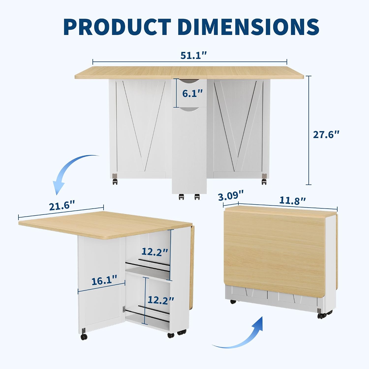 IDEALHOUSE Folding Dining Table, Folding Kitchen Table with Drawers and Storage, Apartments, Small Spaces, White