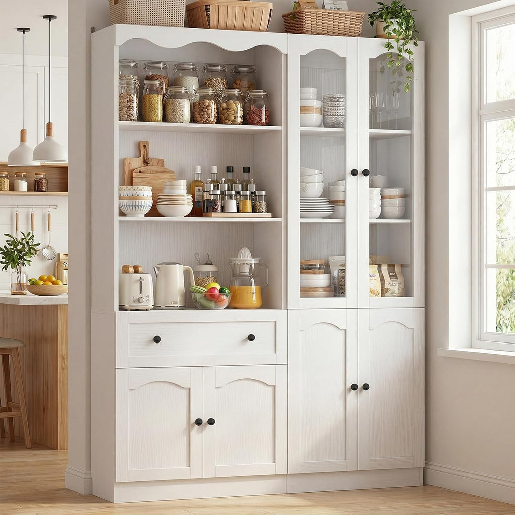 Cyclysio 2-Piece Pantry Cabinet Set, 80" Tall Kitchen Pantry Storage Cabinets with Glass Doors, Open Shelves and Drawer, White Pantry Hutch Set with Adjustable Shelf, 3.15" Baseboard Cutout