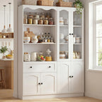 Cyclysio 2-Piece Pantry Cabinet Set, 80" Tall Kitchen Pantry Storage Cabinets with Glass Doors, Open Shelves and Drawer, White Pantry Hutch Set with Adjustable Shelf, 3.15" Baseboard Cutout