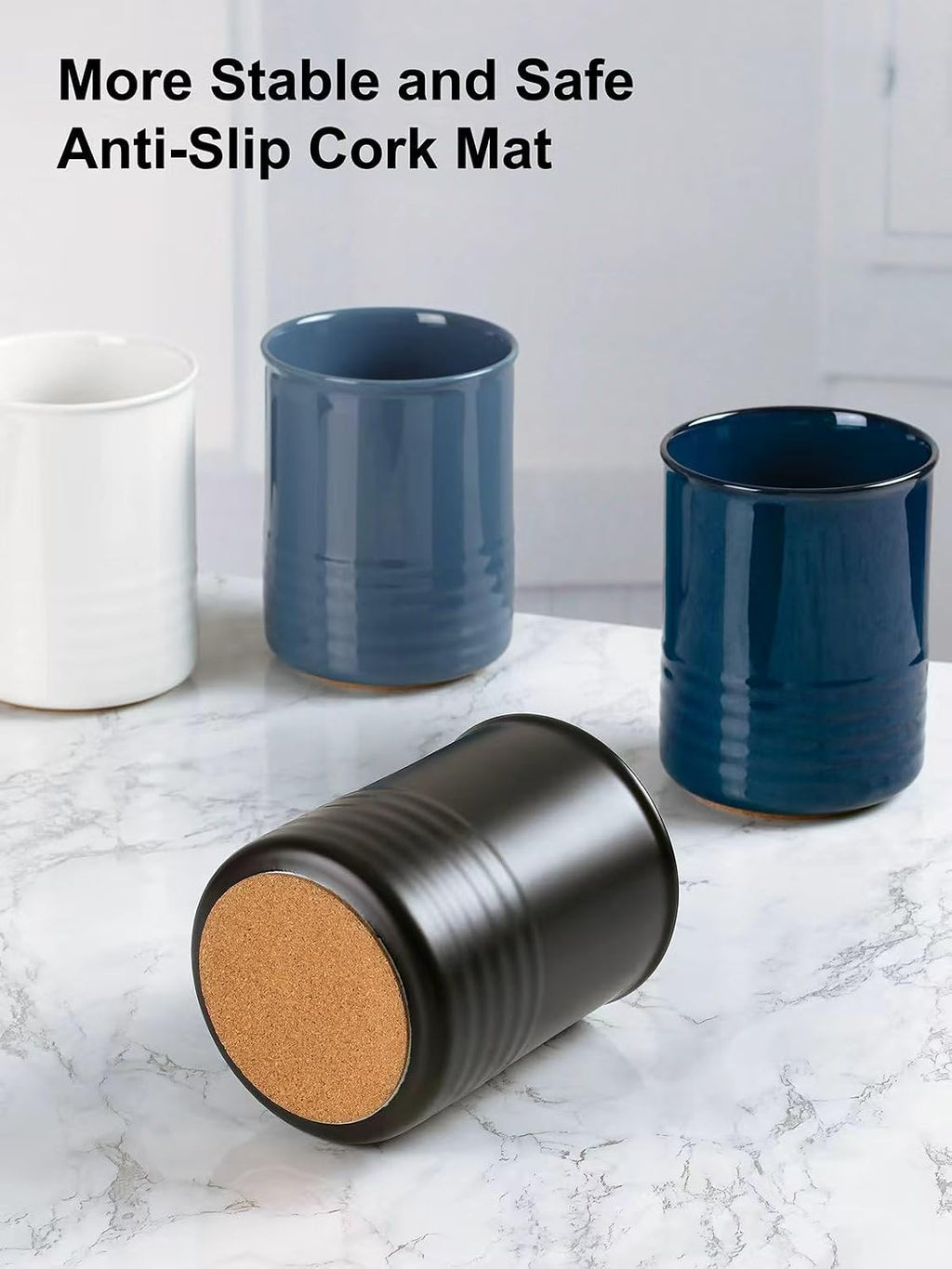 ABRUTY Utensil Holder, 6.7" Ceramic Kitchen Utensil Crock for Countertop Cooking, Modern Utensil Caddy Jar Organizer for Farmhouse Kitchen Counter Décor, Blue