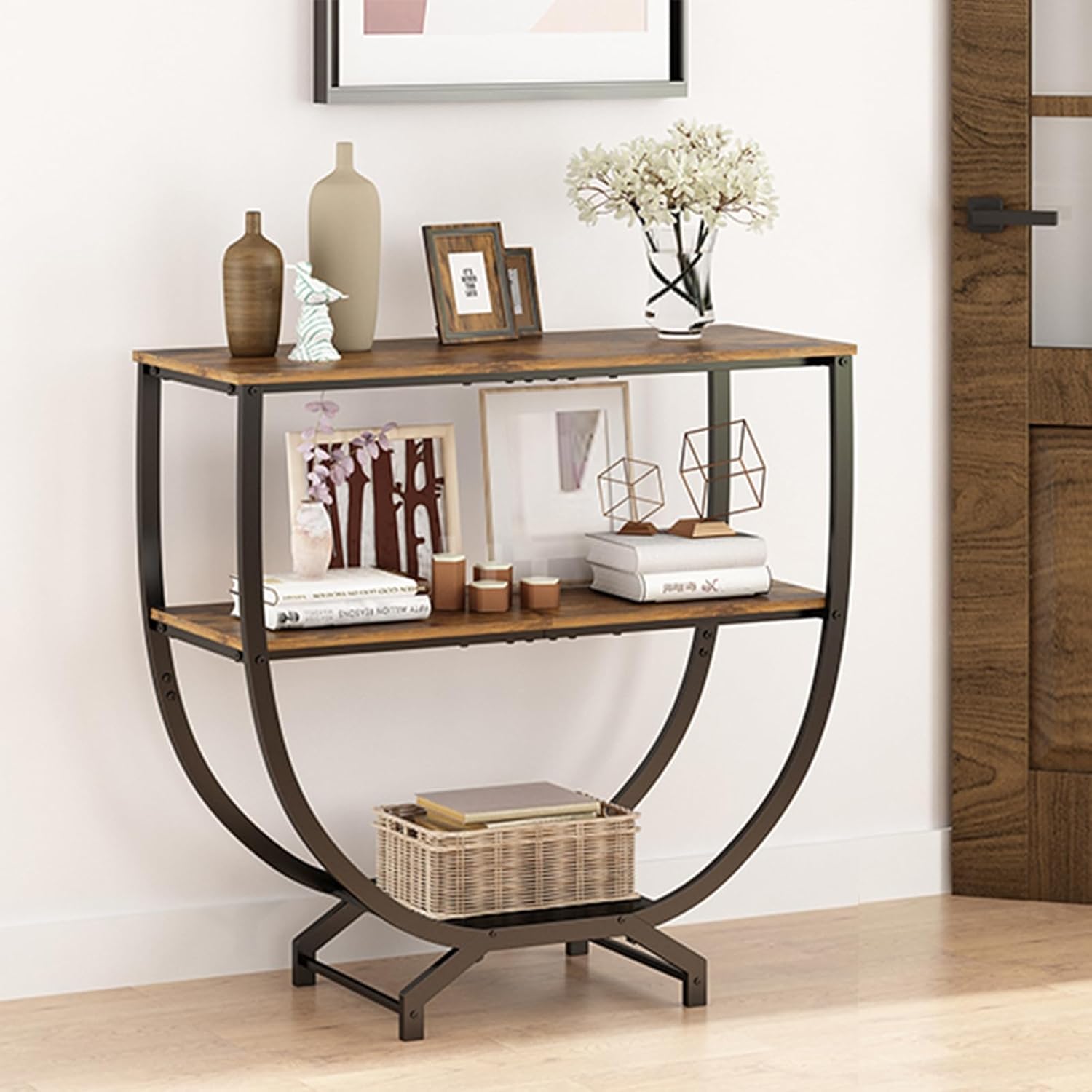 GILLAS 3 Tier Console Tables, 30" Height Entryway Table, Sofa Table Behind Couch, Industrial Entryway Furniture TV Stand with Storage for Living Room, Easy No-Extra-Tools Assembly, Rustic Brown