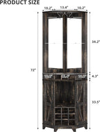 SOFTSEA Farmhouse Kitchen Pantry Cabinet with Barn Door, 72" Tall Corner Bar Cabinet with Acrylic Mirror, Wine Cabinet with Glass Rack, for Living Room Dining Room, 19.7x19.7x72 Inch, Walnut