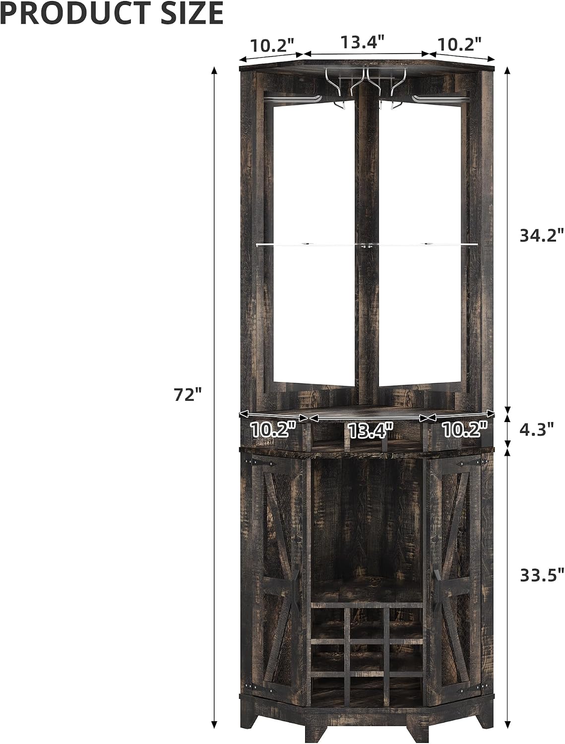 SOFTSEA Farmhouse Kitchen Pantry Cabinet with Barn Door, 72" Tall Corner Bar Cabinet with Acrylic Mirror, Wine Cabinet with Glass Rack, for Living Room Dining Room, 19.7x19.7x72 Inch, Walnut