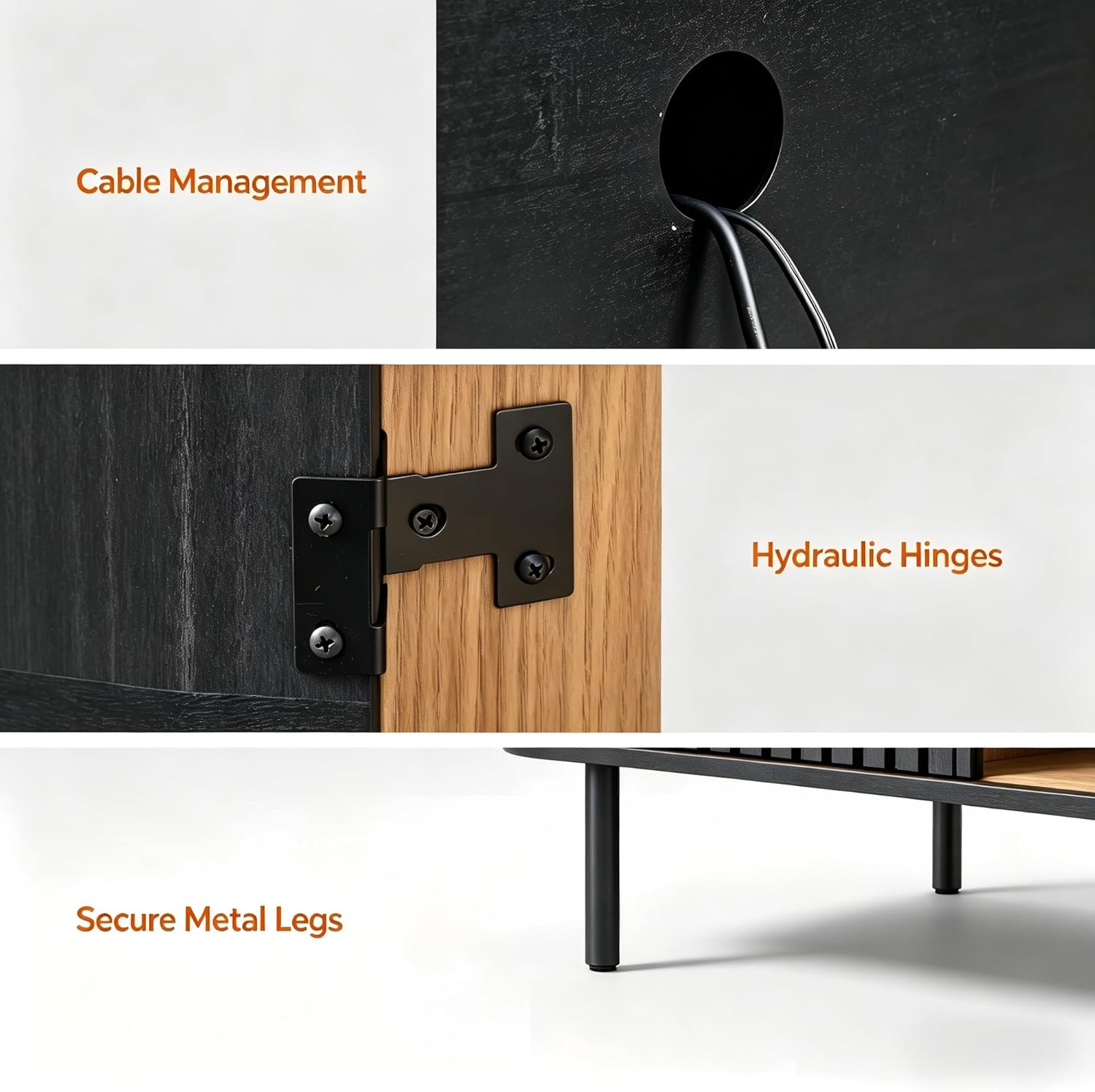 WAMPAT Fluted Sideboard Buffet Cabinet, 65" Mid Century Modern Credenza Storage Cabinet with 4 Pop-Up Doors, Wood Accent Kitchen Buffet Table for Dining Room,Living Room, Entryway, Black