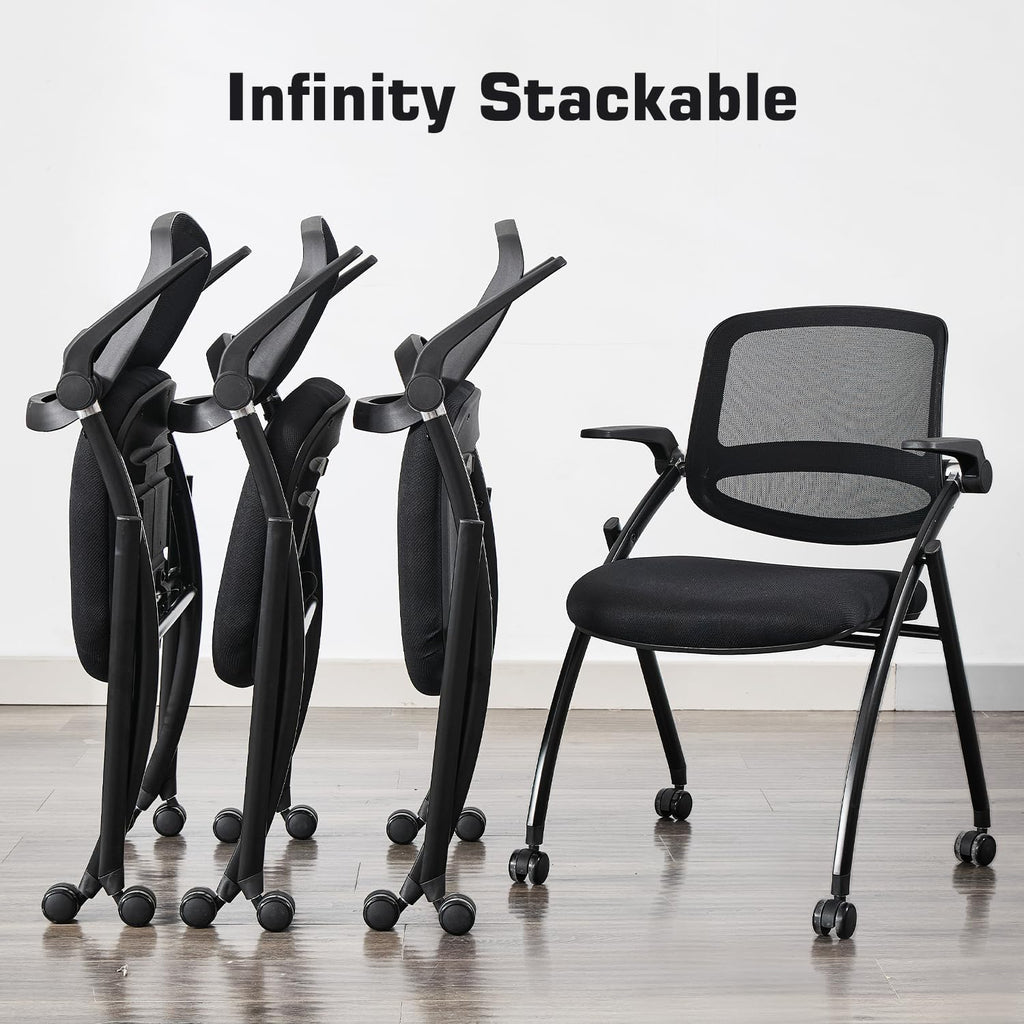 Folding Office Chair Flip Up Arm，Conference Room Chairs with Wheels, Foldbable Office Desk Chair with Adjustable Back Rest for Training Room, Guest Reception Chair (Black)
