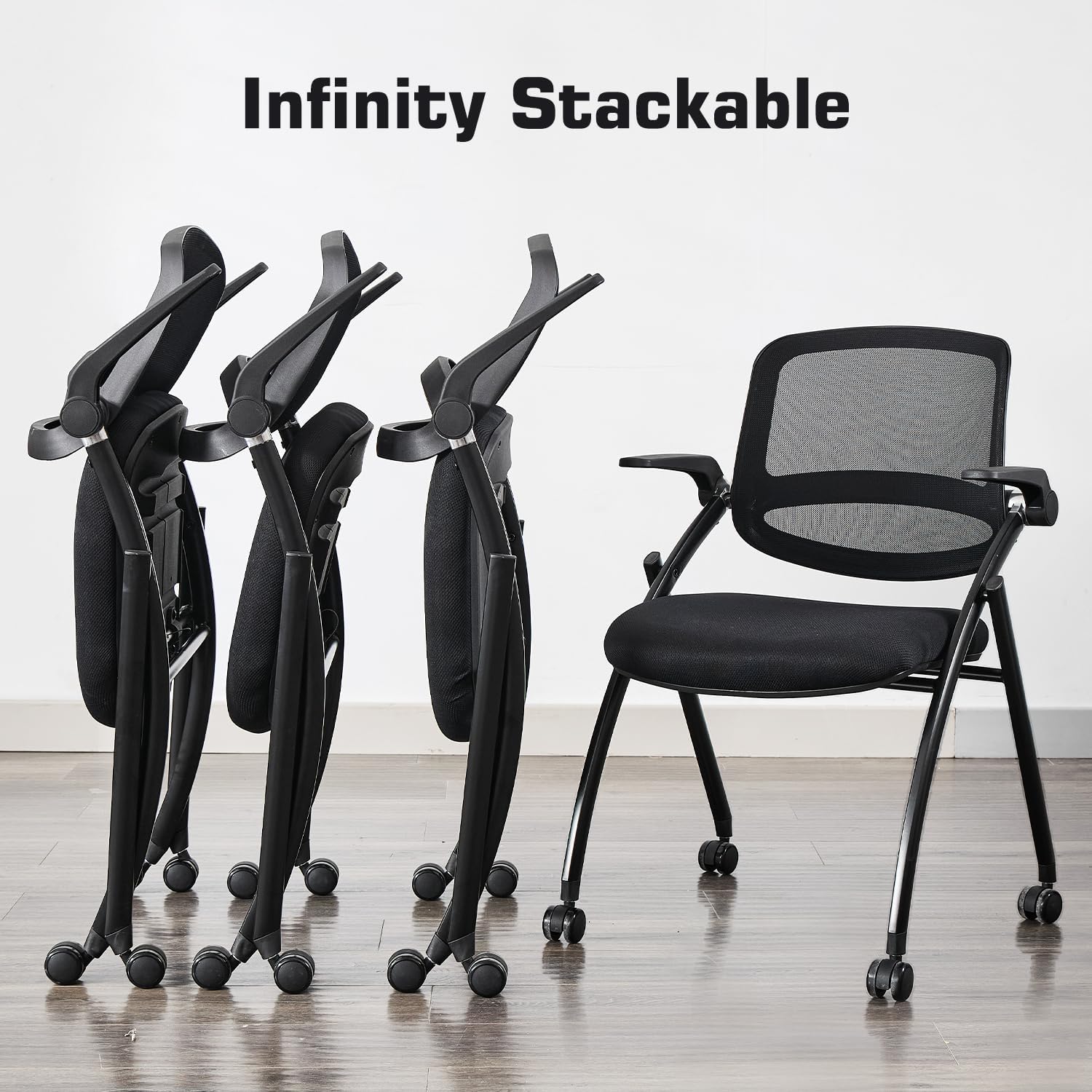Folding Office Chair Flip Up Arm，Conference Room Chairs with Wheels, Foldbable Office Desk Chair with Adjustable Back Rest for Training Room, Guest Reception Chair (Black)