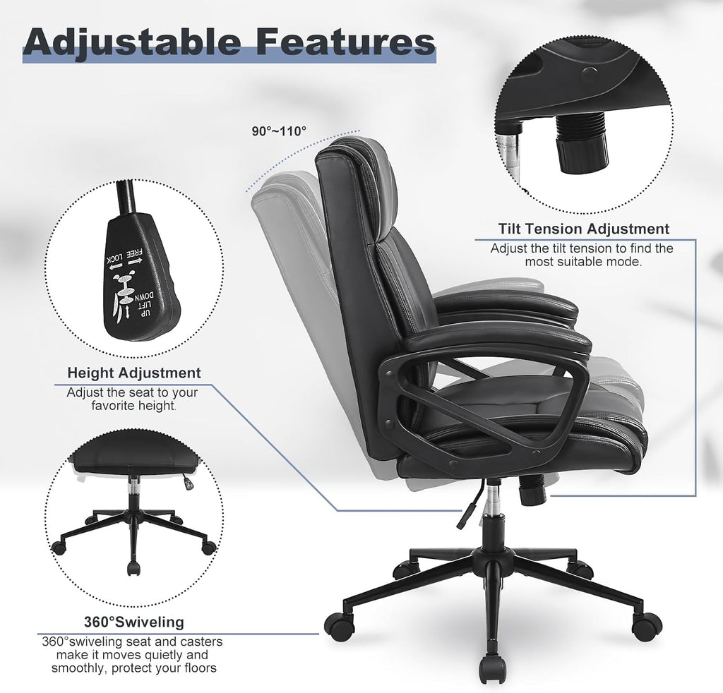 Executive Office Chair with Thicken Armrest, Ergonomic Home Office Desk Chair with Lumbar Support, Upholstered PU Leather Computer Gaming Chair for Home/Office, Black