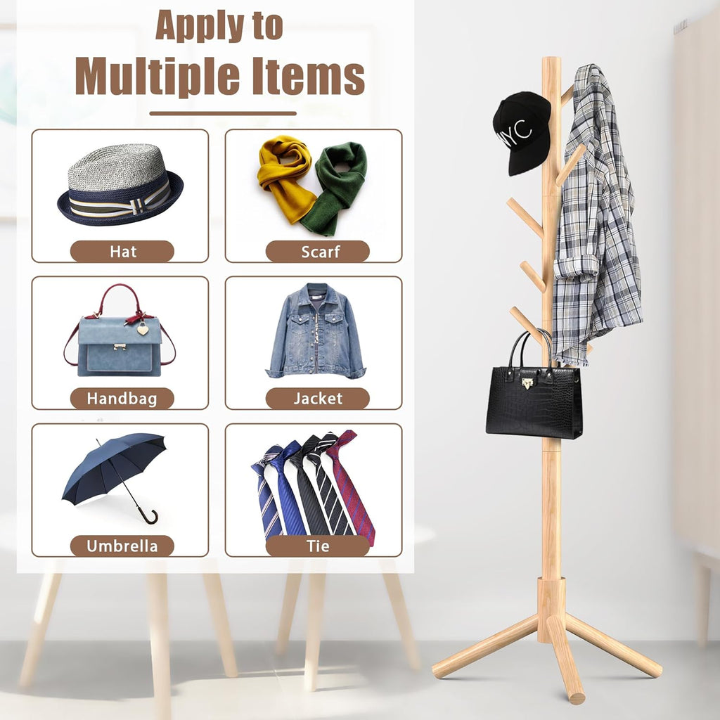 Haddockway Wooden Coat Rack Stand with 8 Hooks New Zealand Pine 3 Adjustable Coat Standing Tree Easy Assembly for Coats, Hats, Scarves and Handbags for Entryway, Hallway, Bedroom, Office