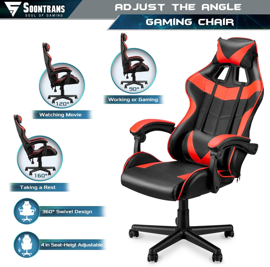 Soontrans Red Gaming Chair,Ergonomic Gamer Chair,Racing Game Chair,PC Computer Chair with High-Back,Adjustable Headrest and Lumbar Support
