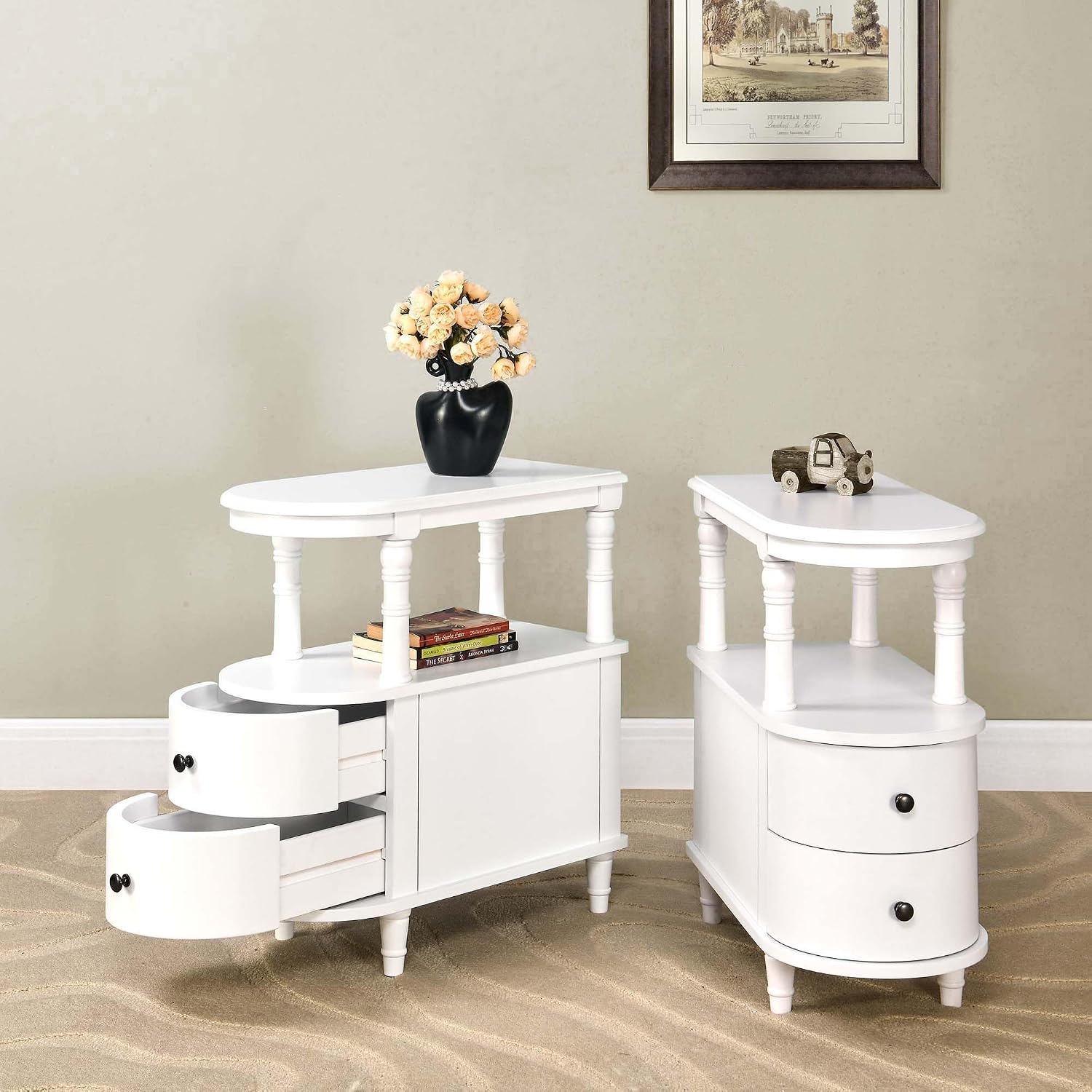 Set of 2 Wooden End Table with 2 Drawers & Storage Shelf, White | Narrow Sofa Side Table for Living Room, Slim Chair Side Table with Mid-Shelf, Vintage Small Nightstand Bedside Table for Home