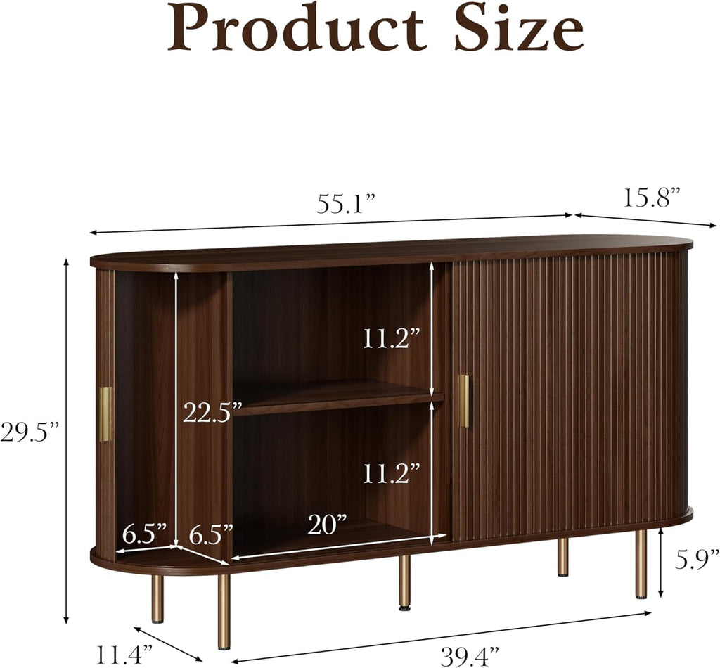 DHH Sideboard Buffet Cabinet with Storage,Mid Century Modern Fluted Accent Coffee Bar Console Table,Tambour Sliding Doors& Adjustable Shelf for Kitchen, Living Room, Entryway(Walnut,55 Inch)