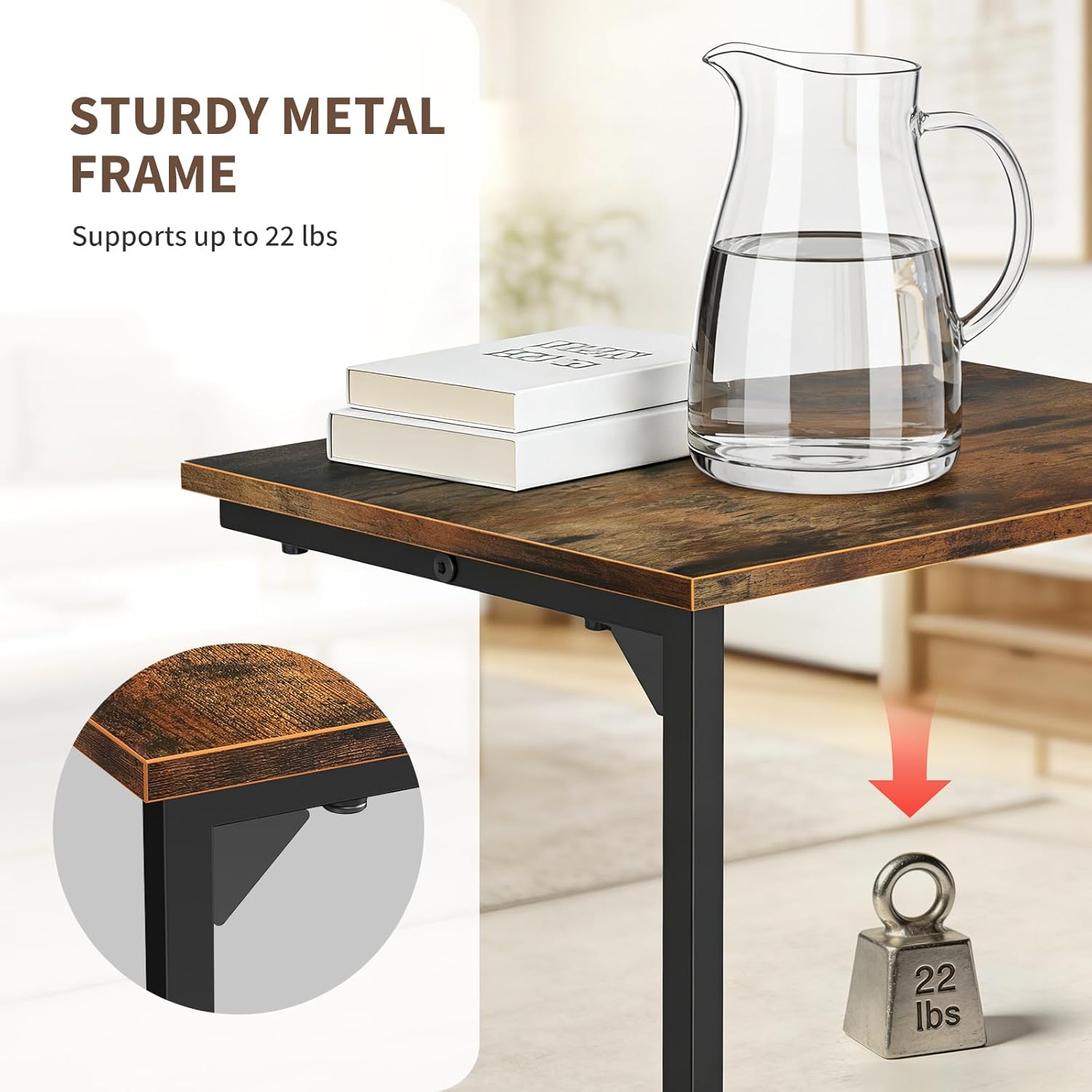 C Shaped End Tables Set of 2, Couch Tables that Slide Under Sofa, High Table TV Trays for Living Room & Bedroom, Modern Side Tables with Sturdy Metal Frame, Rustic Brown (Rustic Brown)