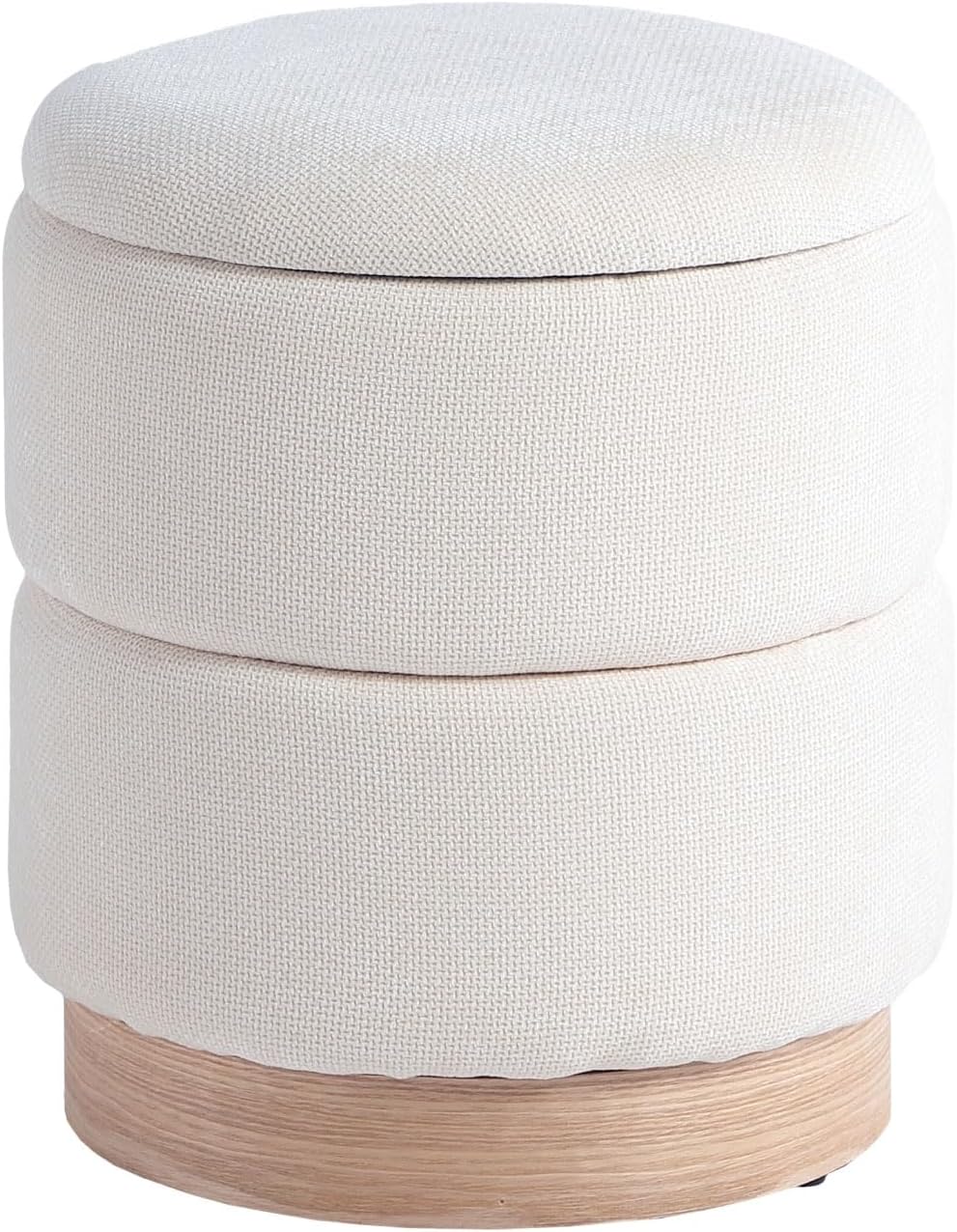 Get Set Style Round Ottoman with Storage, Modern Linen Ottoman Upholstered Foot Stools with Wood Base, Vanity Stool Chair, Footrest Stool Extra Seat for Living Room Bedroom Entryway (Beige)
