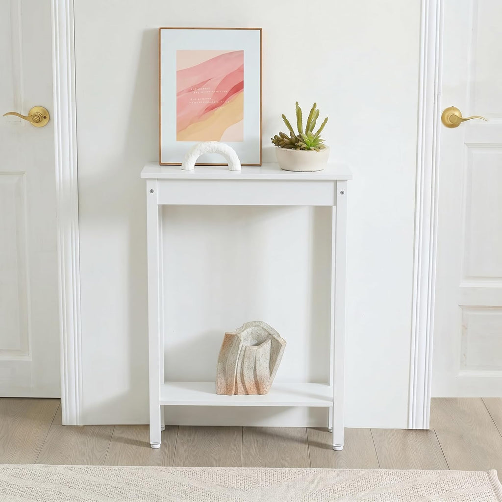 Small Console Table with Shelf Little Narrow Entryway Table Skinny Thin High Tall Display Stand for Entry Hall Hallway, Foyer, as Eextension for Long Behind Couch Sofa Table/Kitchen Countertop, White