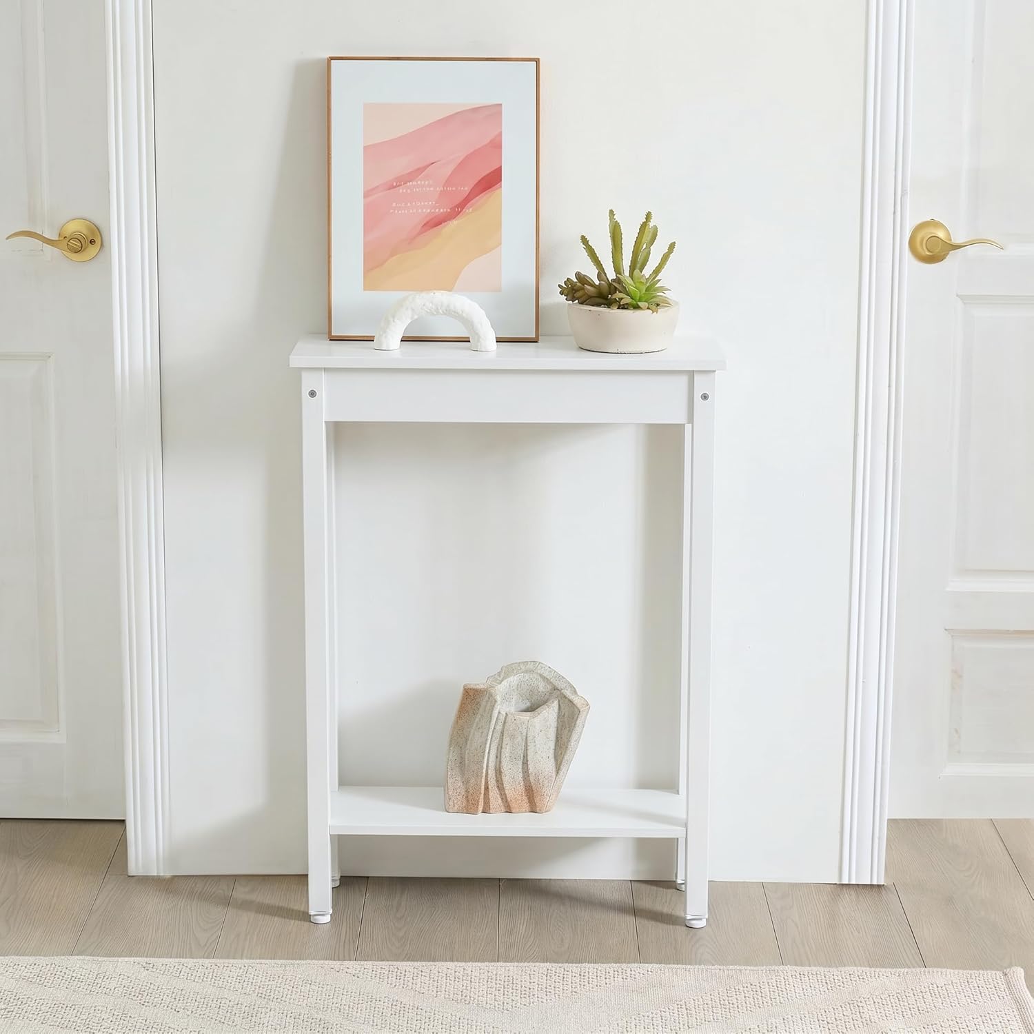 Small Console Table with Shelf Little Narrow Entryway Table Skinny Thin High Tall Display Stand for Entry Hall Hallway, Foyer, as Eextension for Long Behind Couch Sofa Table/Kitchen Countertop, White