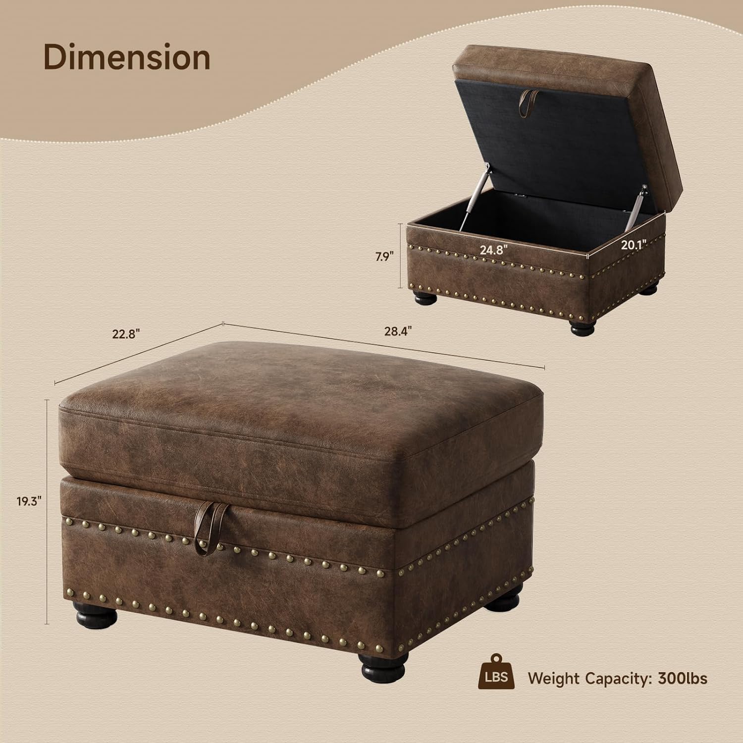 ONBRILL Faux Leather Ottoman with Storage, Rectangle Ottoman Coffee Table with Nailhead Trim, Solid Wood Legs, Oversized Upholstered Footrest Stool for Living Room, Bedroom, Apartment, Brown
