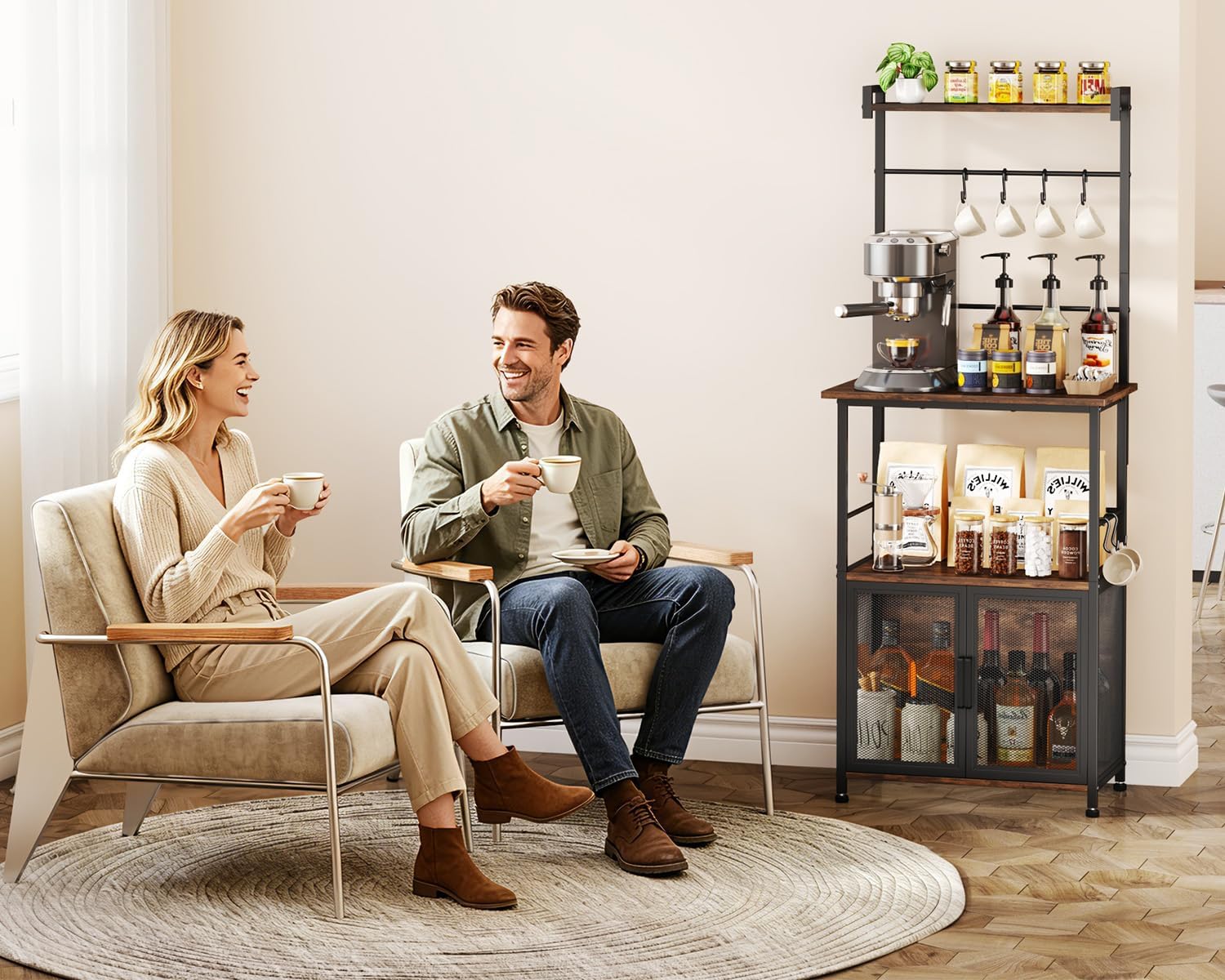 SWTYMIKI Coffee Bar Station for Space - Limited Home Coffee Lovers Espresso | Unique Double Mesh Enclosed Cabinet Doors + 6 Mug Hooks Multi-Purpose Microwave Stand, Buffet Cabinet Storage Rack