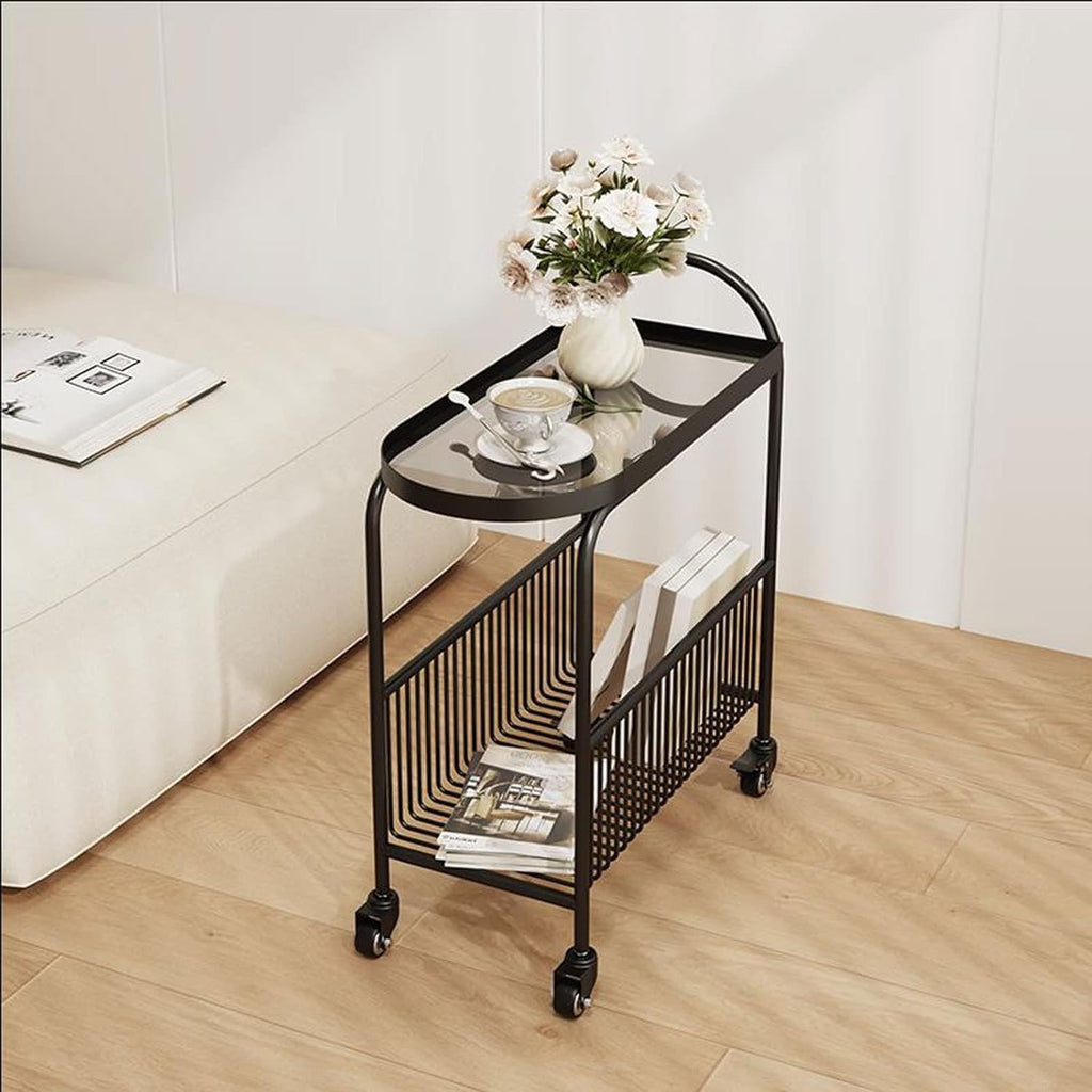 Small Sofa Side Table End Table with Wheels, 2-Tier Utility Rolling Cart Storage, Mobile Trolley Organizer with Handle (Color:A-Black)