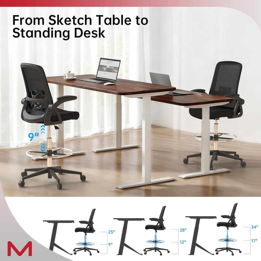 Drafting Chair, Tall Office Chair with Lumbar Support, High Office Chair with Flip up Armrests, Standing Desk Chair with Adjustable Footrest Ring, Breathable Mesh Back, Black