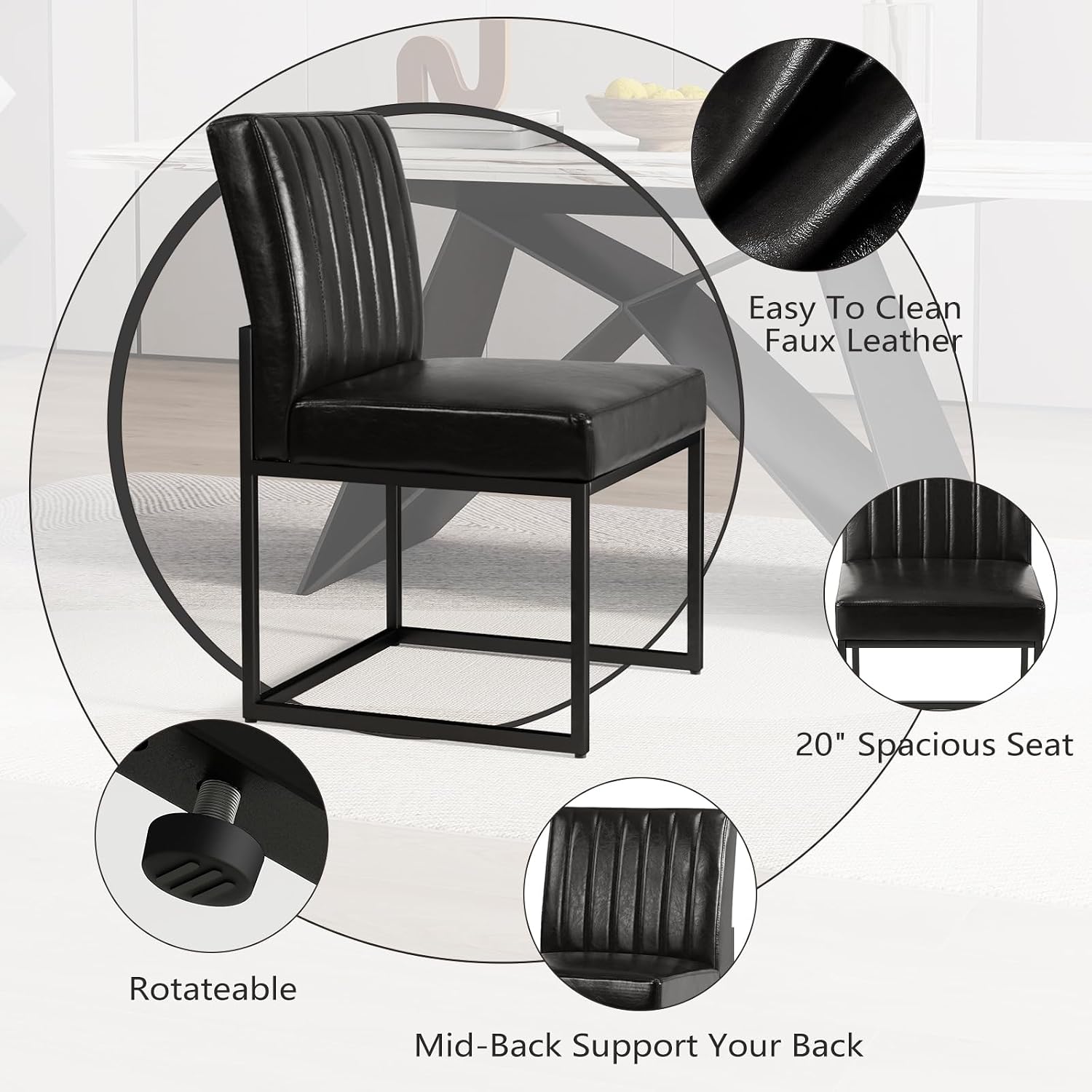 SIMTONAL Black Dining Chairs Set of 4, Modern Comfortable Upholstered Chairs, PU Leather Kitchen & Dining Room Chair with Black Finish Metal Frame