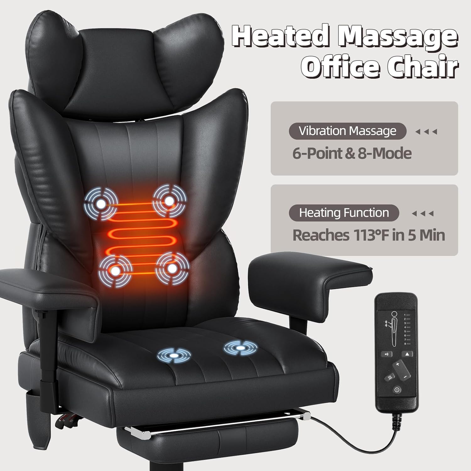6 Points Massage Office Chair with Foot Rest - 400LBS Executive Office Chair with Adjustable Headrest, Armrest and Lumbar Pillow, Comfortable Leather Desk Chair for Home Office, Black