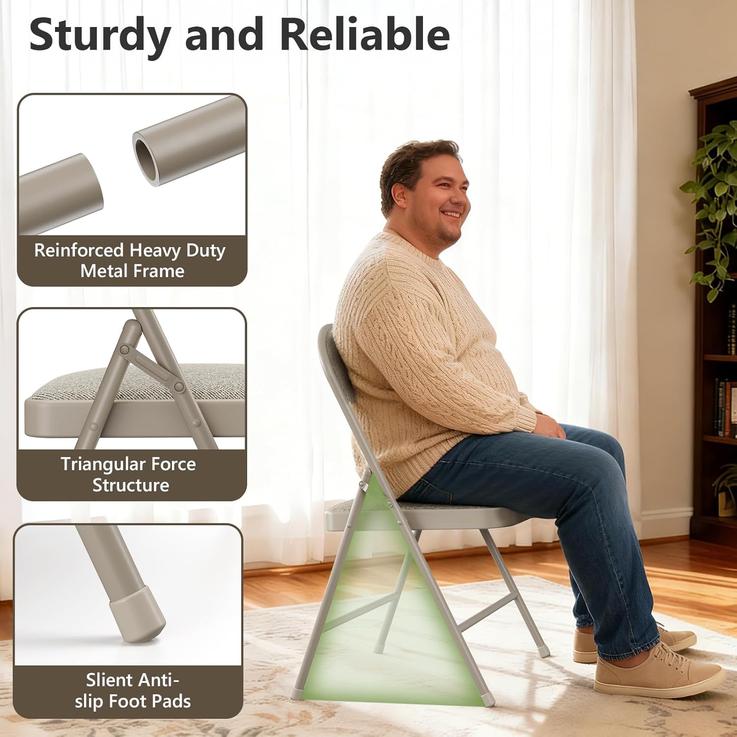 4 Pack Folding Chairs, Fabric Padded Folding Dining Chairs with Cushion Seat & Back, Indoor Outdoor Folding Chair Set for Home Office, Parties, Events, Wedding, Extra Guest Seating