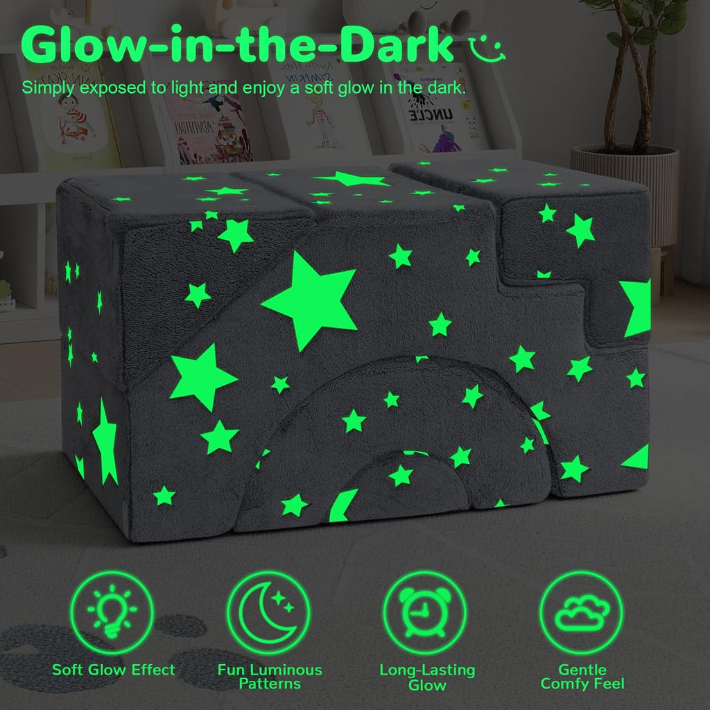 MeMoreCool Toddler Foam Climbing Couch – Modular Kids Sofa with Slide & Stairs | Convertible Sectional Play Couch for Babies & Toddlers, Glow‑in‑the‑Dark Stars, Soft Foam Playroom Furniture