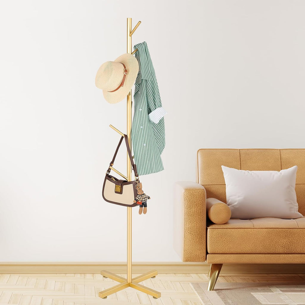 ZOZOE Metal Coat Rack Stand, Modern Coat Rack Freestanding with 8 Hooks, Coat Racks Easy to Assemble, Coat Tree Stand for Bags, Hats, Entryway, Office (Golden)