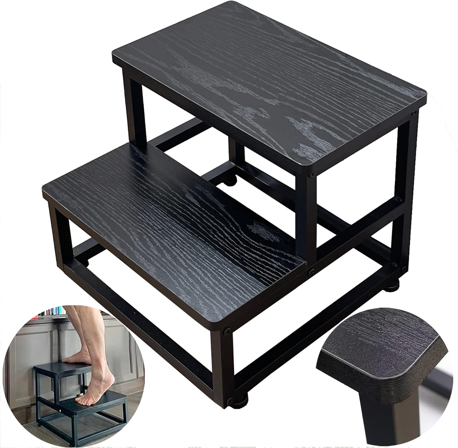 YAKANJ Step Stools for Adults Kids, Heavy Duty Sturdy Metal Frame Hold Up to 500 Lbs Capacity for Kitchen Bathroom Bedroon -Black