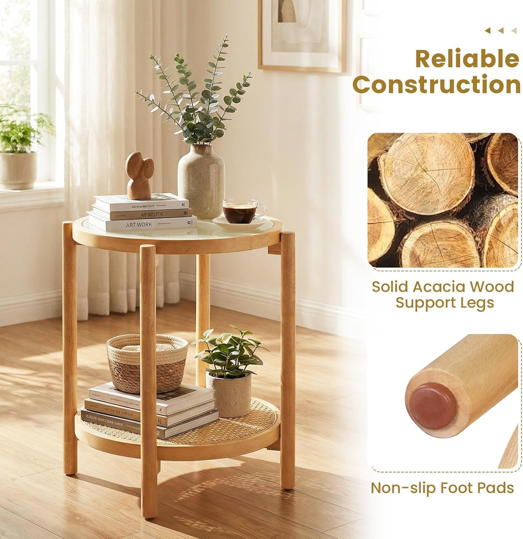 Giantex Rattan Round Side Table, 2-Tier Boho End Table w/Tempered Glass Top, Storage Shelf & Acacia Wood Legs, Accent Coffee Tables, Bedside Night Stand for Bedroom Living Room Small Space (Natural,1)