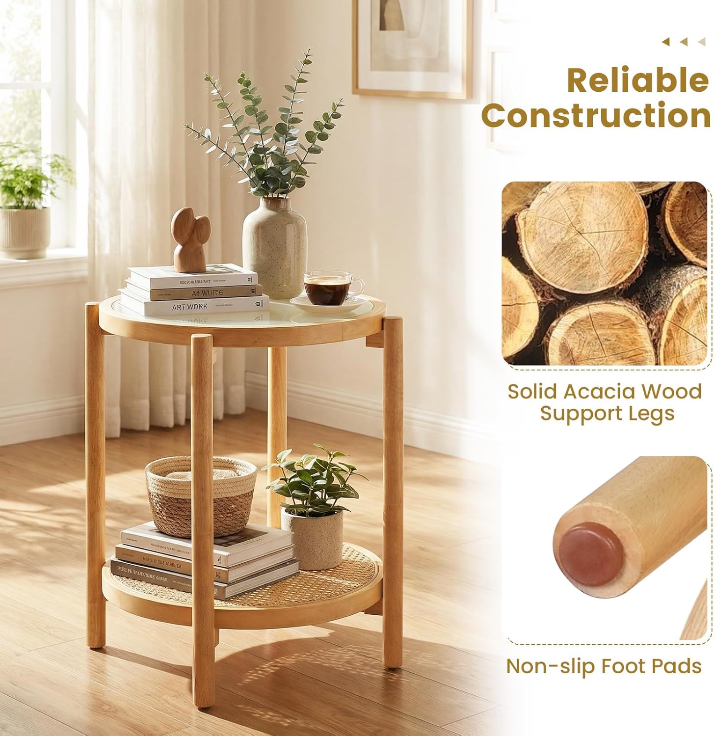 Giantex Rattan Round Side Table, 2-Tier Boho End Table w/Tempered Glass Top, Storage Shelf & Acacia Wood Legs, Accent Coffee Tables, Bedside Night Stand for Bedroom Living Room Small Space (Natural,1)