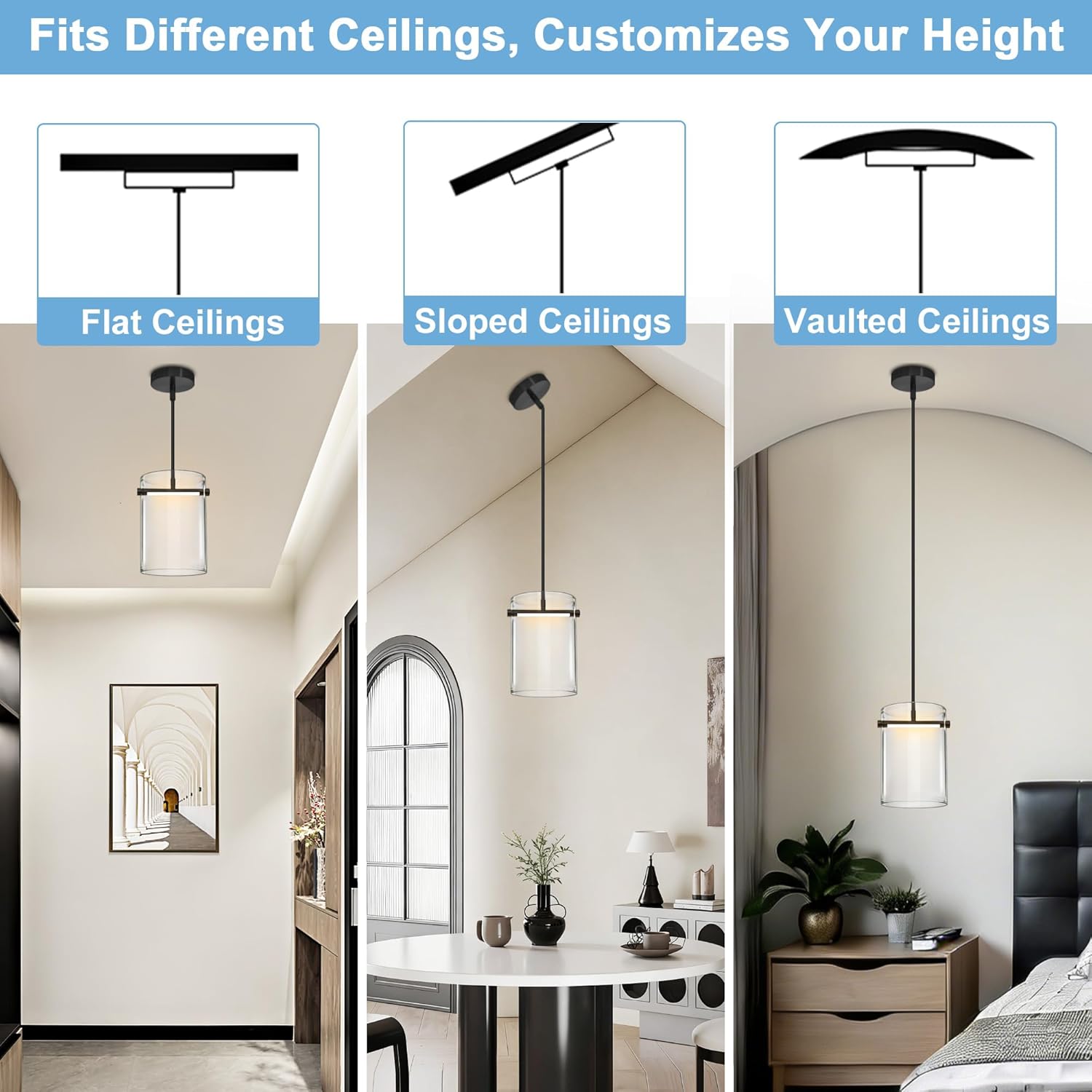 Biewalk Black Pendant Lights Kitchen Island with 10.2" Clear Glass Shade, Adjustable Modern Pendant Lighting Over Sink with LED, Minimalist Hanging Light Fixture for Dining Room Kitchen Bedroom