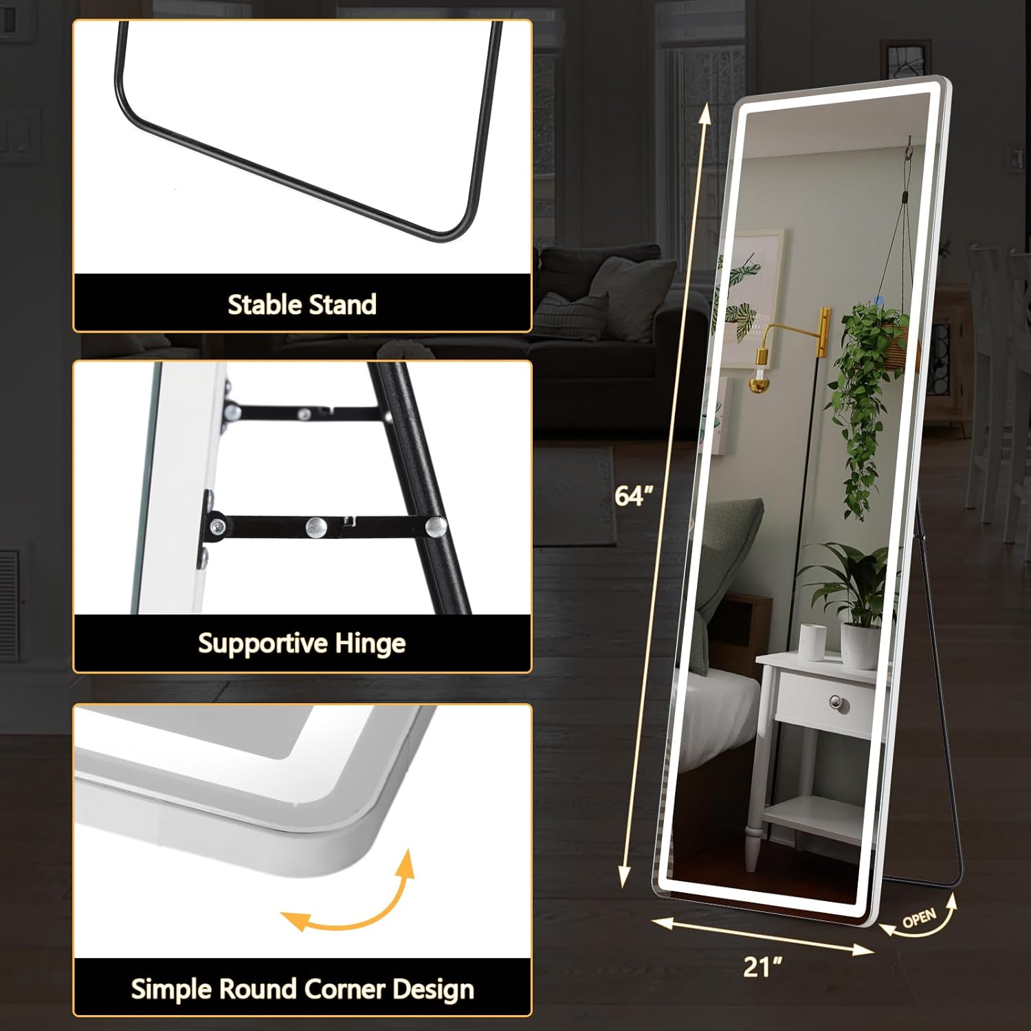 Full Length Mirror with LED Lights, 65x21 Inch Lighted Floor Mirror with Dimmer & 3 Color Modes, Standing Full Body Mirror for Bedroom or Dressing Room, White