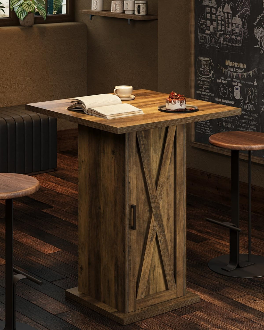 LITTLE TREE Bar Table with Storage Cabinet, 39.4" H Square High Top Pub Table, Wood Bistro Cocktail Table, Farmhouse Design with 3-Tier Cabinet for Pub, Bistro, Bar, Coffee, Dining Rustic Brown