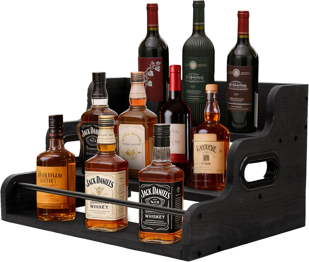 3-Tier Wood Bottle Display Shelf, Modern Black Liquor Bottle Rack Organizer, Wooden Countertop Wine Rack Bar Shelves Stand Essentials for Liquor Storage