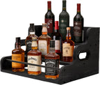 3-Tier Wood Bottle Display Shelf, Modern Black Liquor Bottle Rack Organizer, Wooden Countertop Wine Rack Bar Shelves Stand Essentials for Liquor Storage