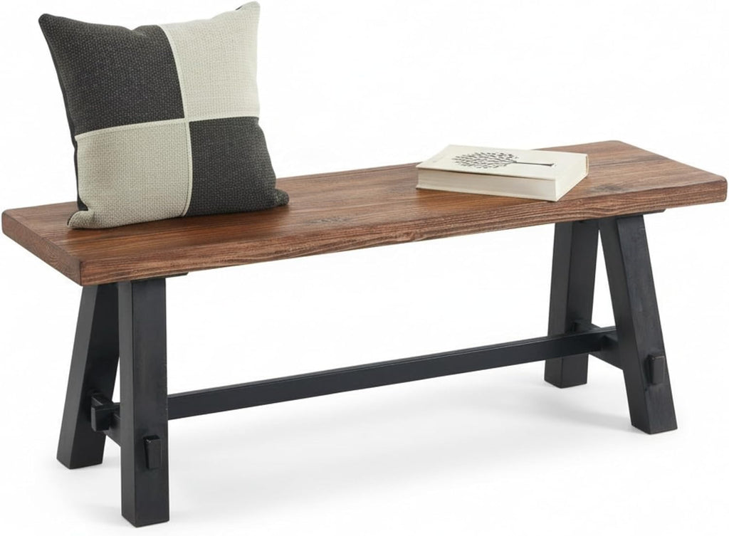 Adam 48-Inch Rustic Industrial Solid Wood Entryway Bench with Distressed Black Sawhorse Legs – Sturdy Accent Seating for Living Room, Mudroom, Dining Room, and Laundry Room by Alaterre Furniture