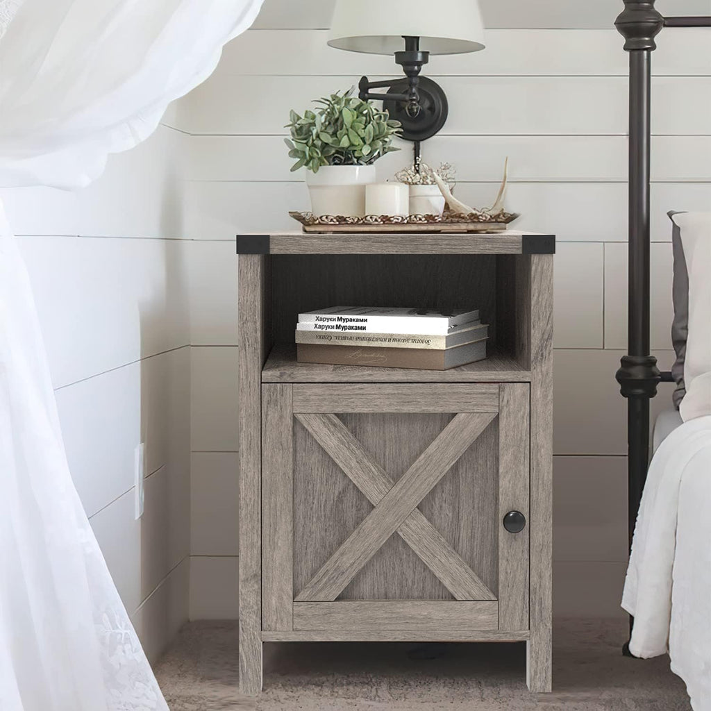 Catrimown Farmhouse End Table, Nightstand Set of 2, Rustic Night Stand with Barn Door and Storage Shelf, Gray End Table, Side Table for Bedroom Living Room, Gray Wash