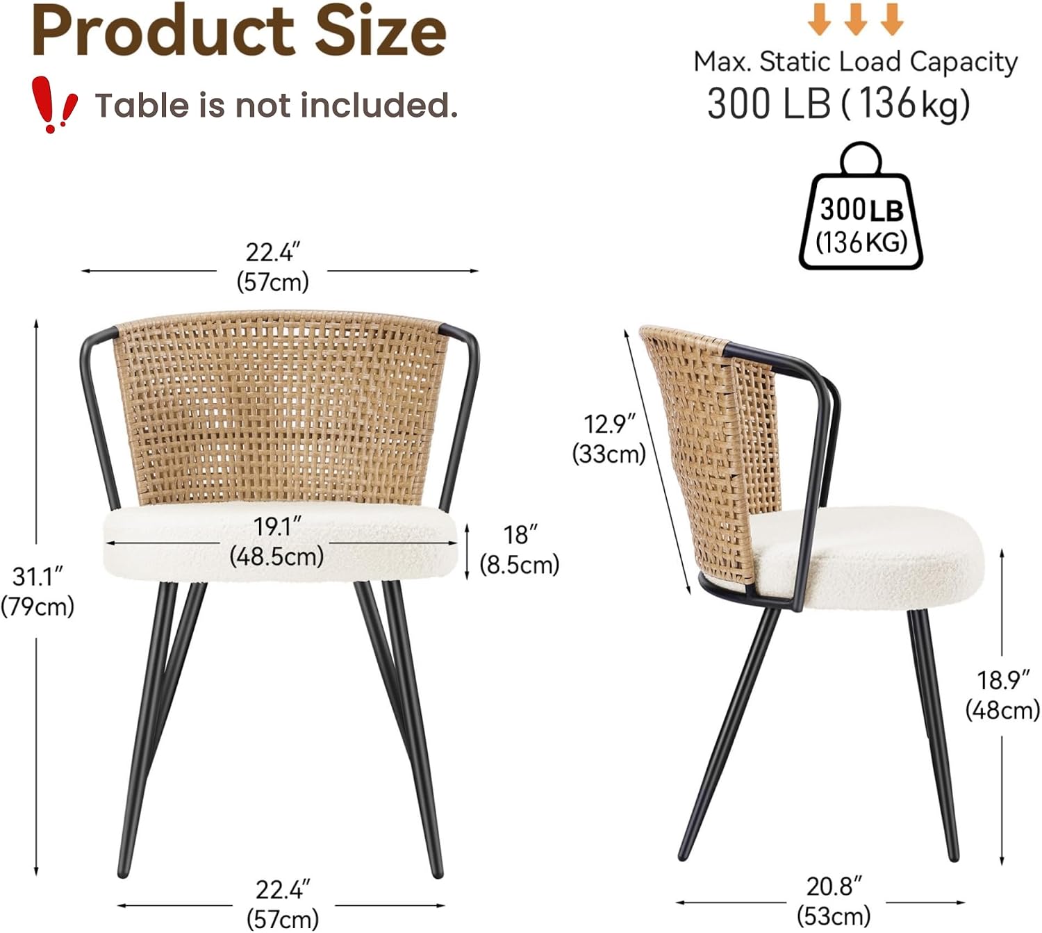 BedsPick Rattan Dining Chairs Set of 4 - Farmhouse Upholstered PE Rattan Kitchen Chair with Boucle Cushion, Wingback Dining Room Seat with Open-weave Cane Back and Metal Legs for Home, Kitchen (Brown)