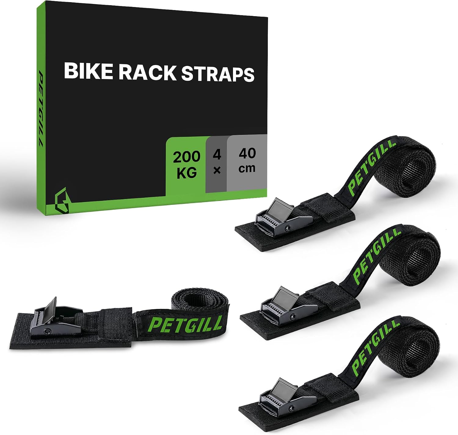 EBike Rack Straps, 4 Pieces, 16 in (40 cm) Length, 0.8 mm Width, 440 lbs (200 kg) Load Capacity, Clamp Lock Lashing Straps for All Bike Racks, Roof Racks & Kayaks(Packaging May Vary)