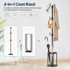 Coat Rack Freestanding, Black Coat Rack with Umbrella Holder, standing hat rack umbrella stand for entryway, coat hanger stand with 12 Hooks, office coat tree for Hat, Umbrella, jacket, Bag, Clothes
