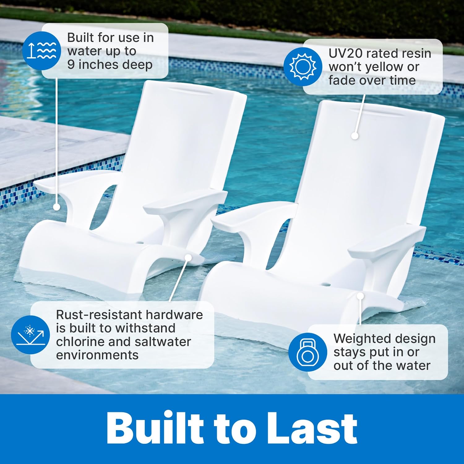 Step2 Vero Adirondack Chair, Stylish Poolside Lounger, Fade-Resistant, Waterproof Patio Furniture for Sun Shelf, Use in Pools up to 9-Inches of Water, Weighted, White